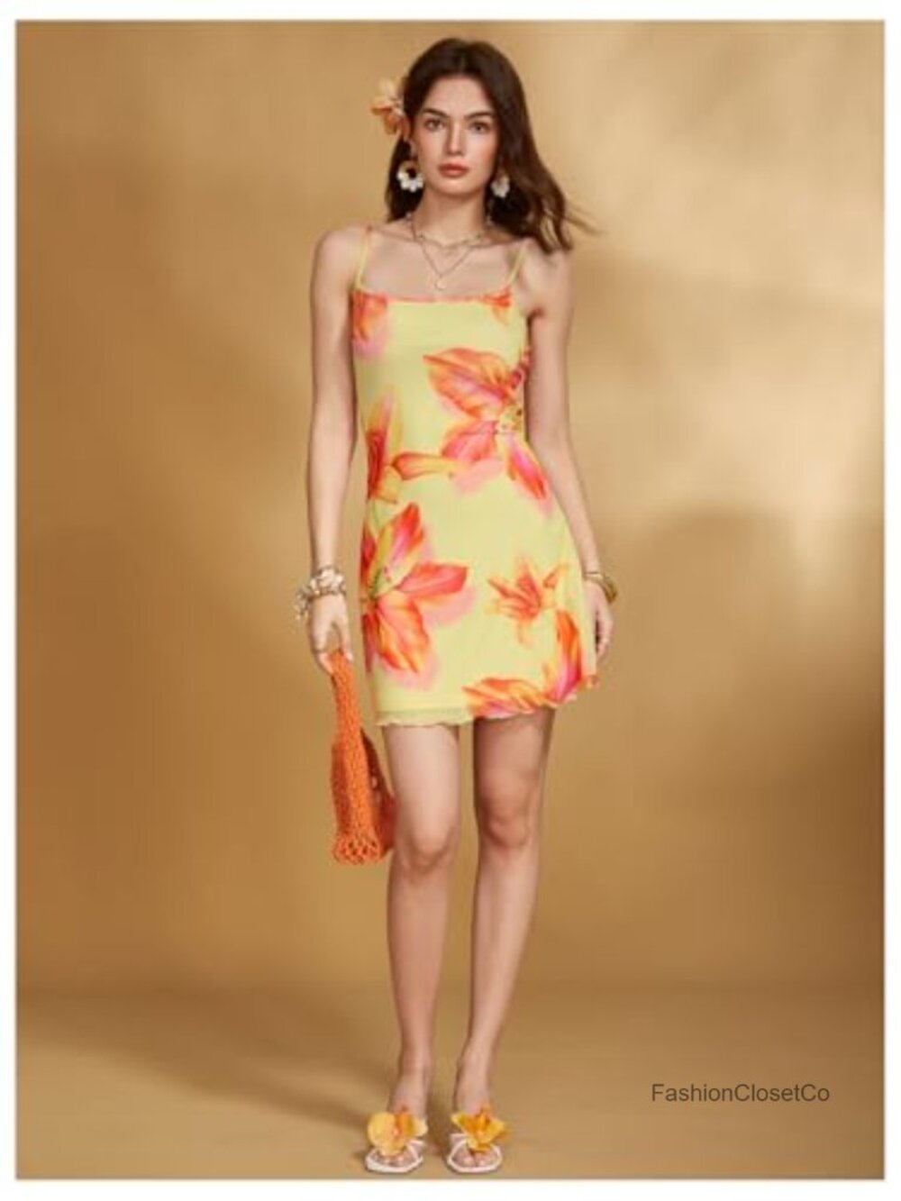 Spaghetti Strap Cowl Neck Satin Mini Dress - Tropical Print - Picture 4 of 6